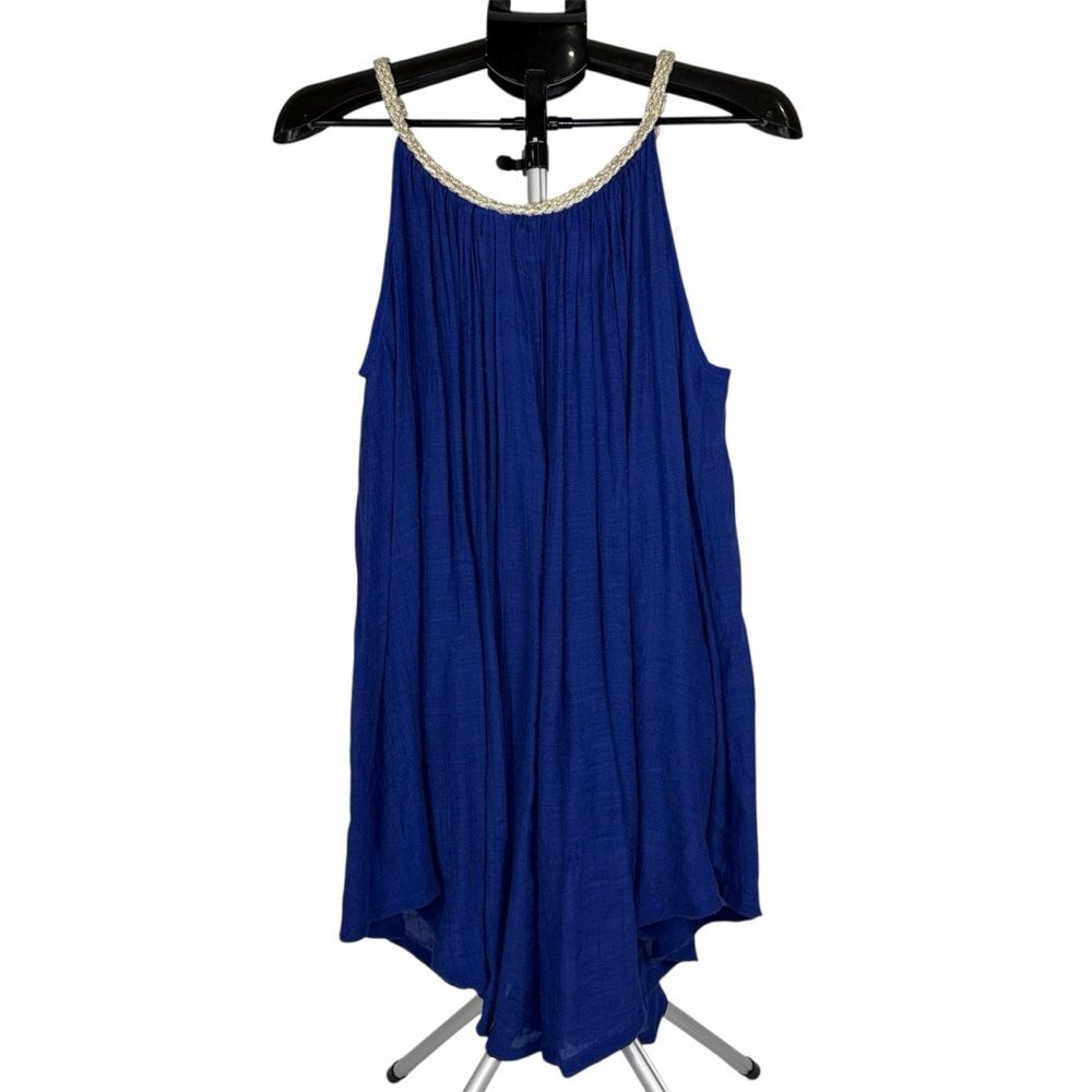 KAKTUS Women 1X Royal Blue Gauze Braided Neckline Tunic Top‎ or Mini Dress